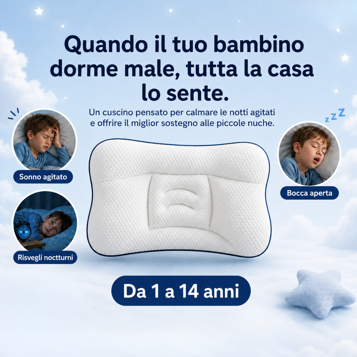 Il cuscino SogniSereni™ aiuta il tuo bambino a dormire più comodo e tranquillo, notte dopo notte — o ti rimborsiamo.