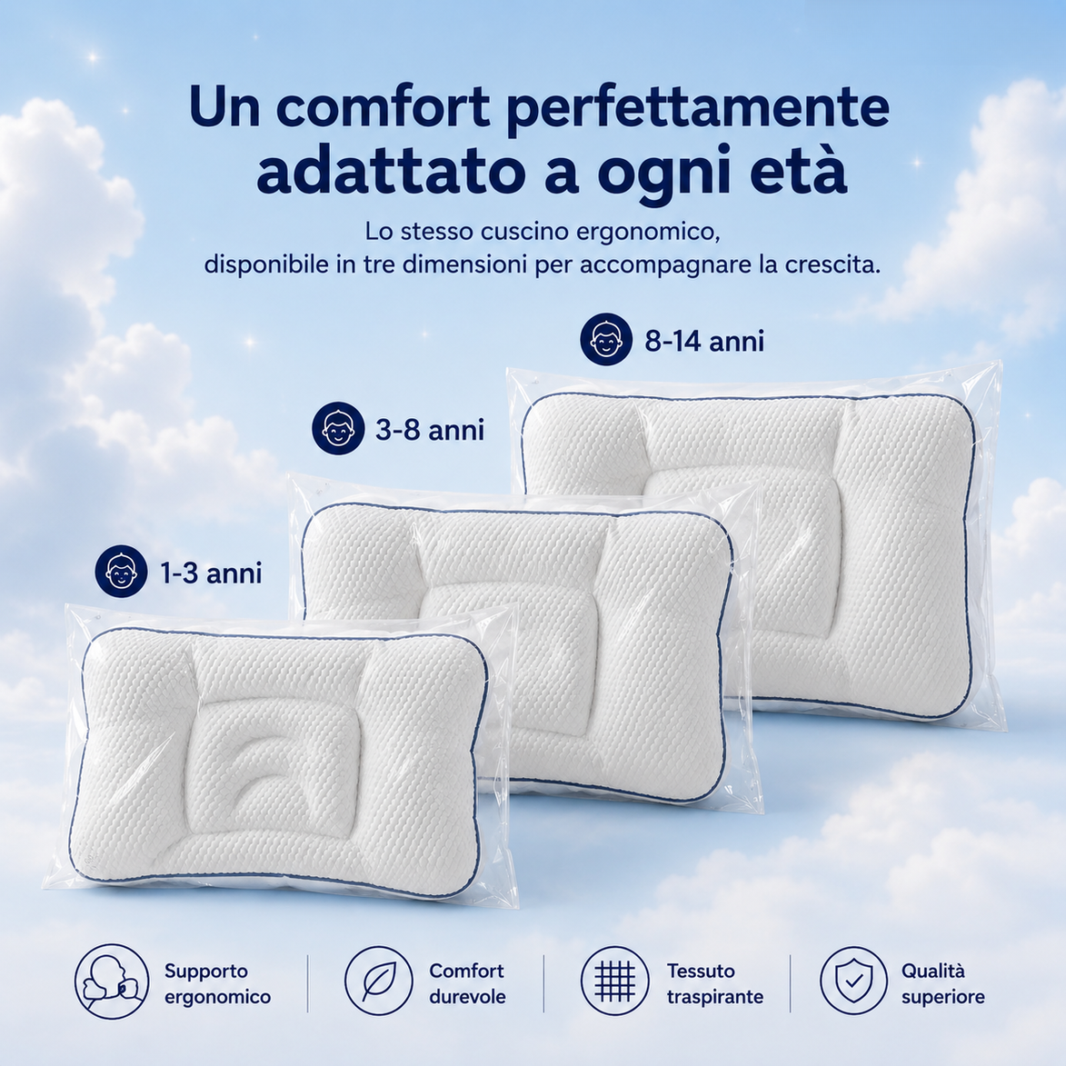 Il cuscino SogniSereni™ aiuta il tuo bambino a dormire più comodo e tranquillo, notte dopo notte — o ti rimborsiamo.
