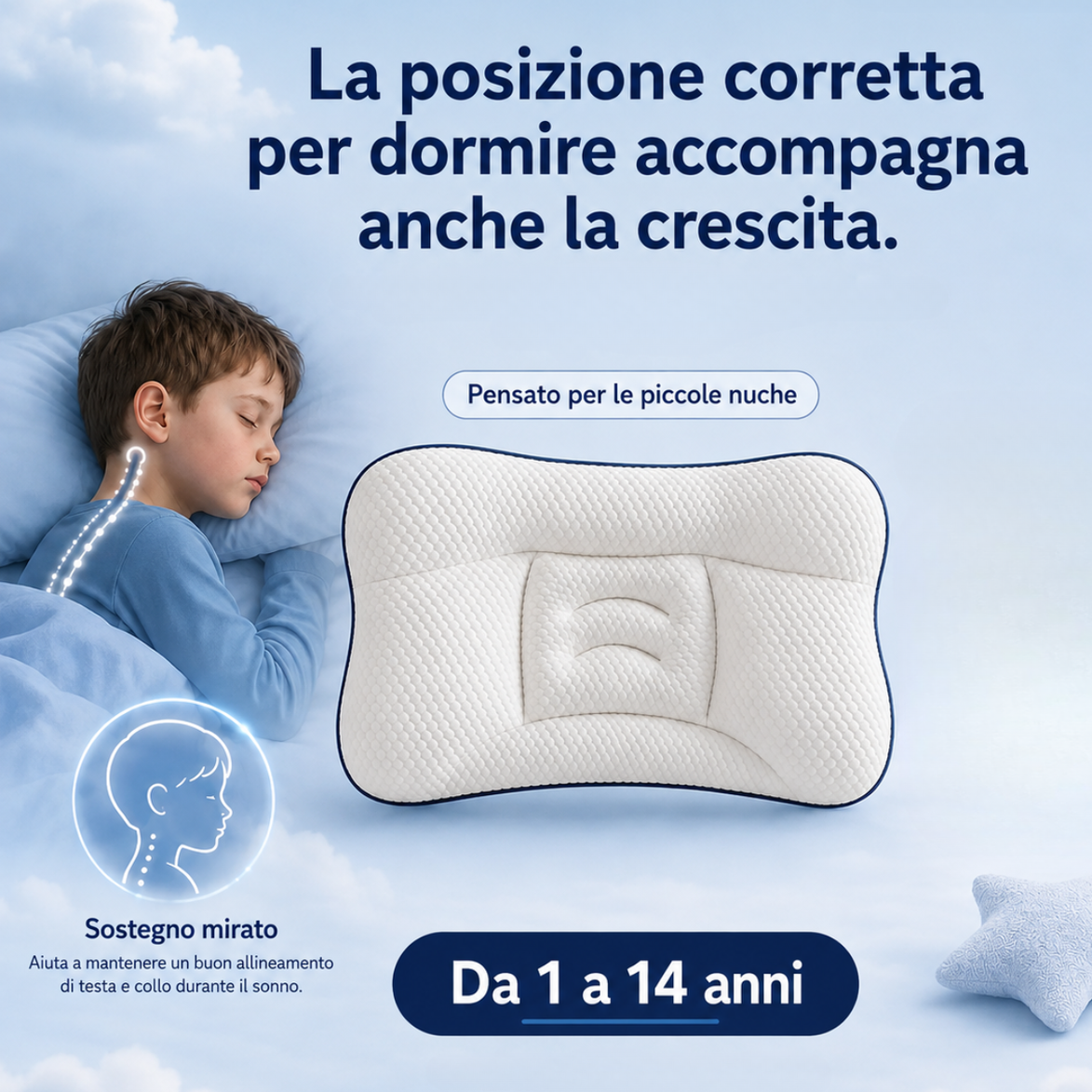 Il cuscino SogniSereni™ aiuta il tuo bambino a dormire più comodo e tranquillo, notte dopo notte — o ti rimborsiamo.
