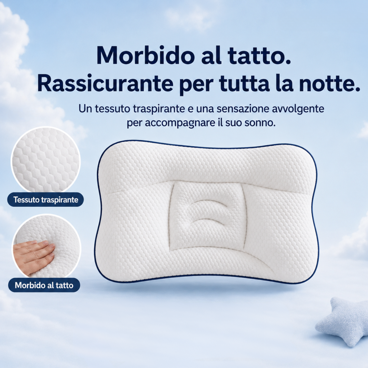 Il cuscino SogniSereni™ aiuta il tuo bambino a dormire più comodo e tranquillo, notte dopo notte — o ti rimborsiamo.