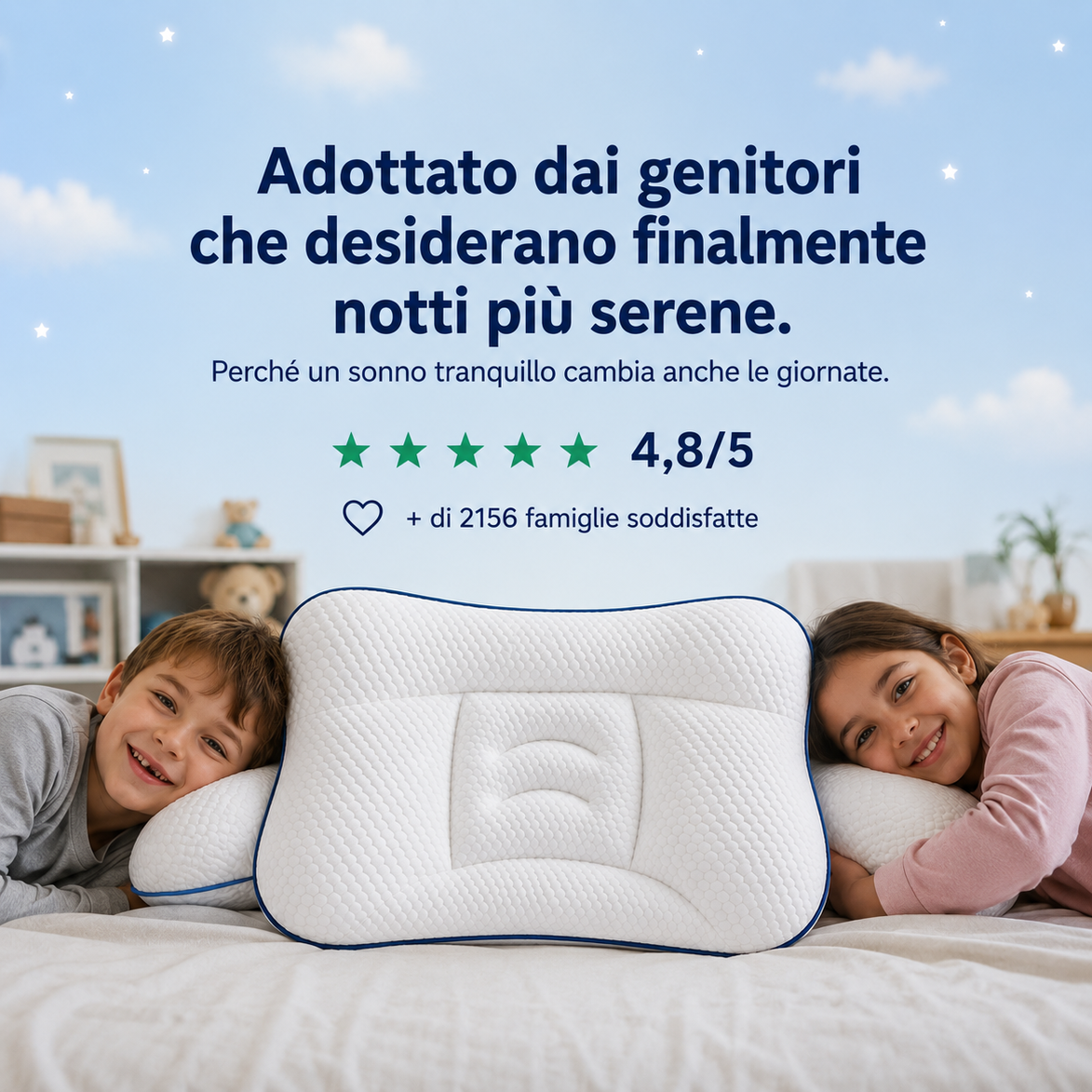 Il cuscino SogniSereni™ aiuta il tuo bambino a dormire più comodo e tranquillo, notte dopo notte — o ti rimborsiamo.