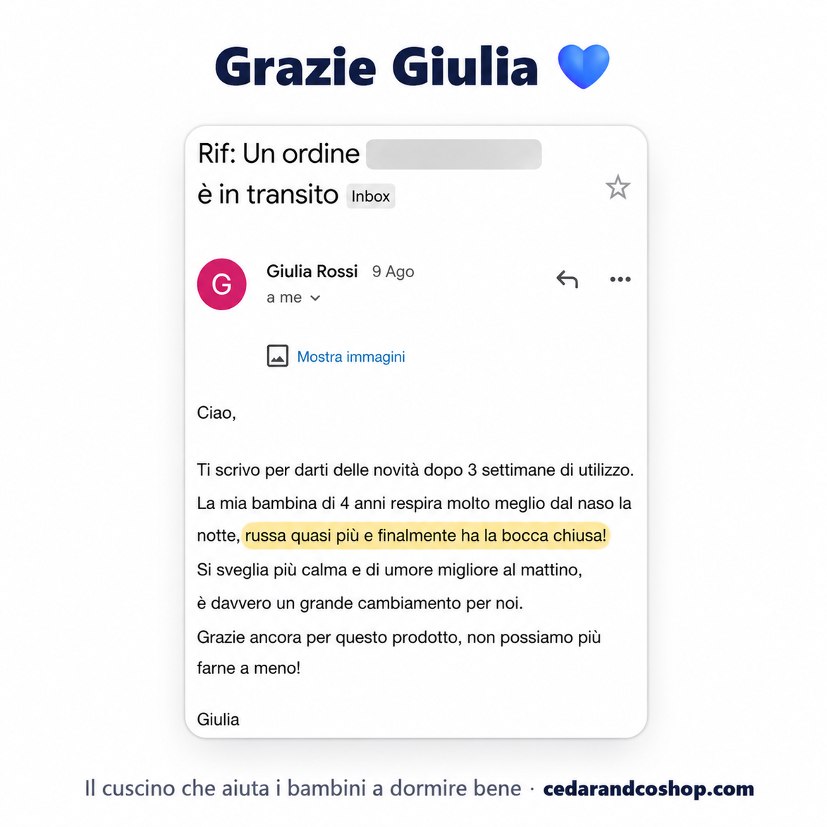 Il cuscino SogniSereni™ aiuta il tuo bambino a dormire più comodo e tranquillo, notte dopo notte — o ti rimborsiamo.